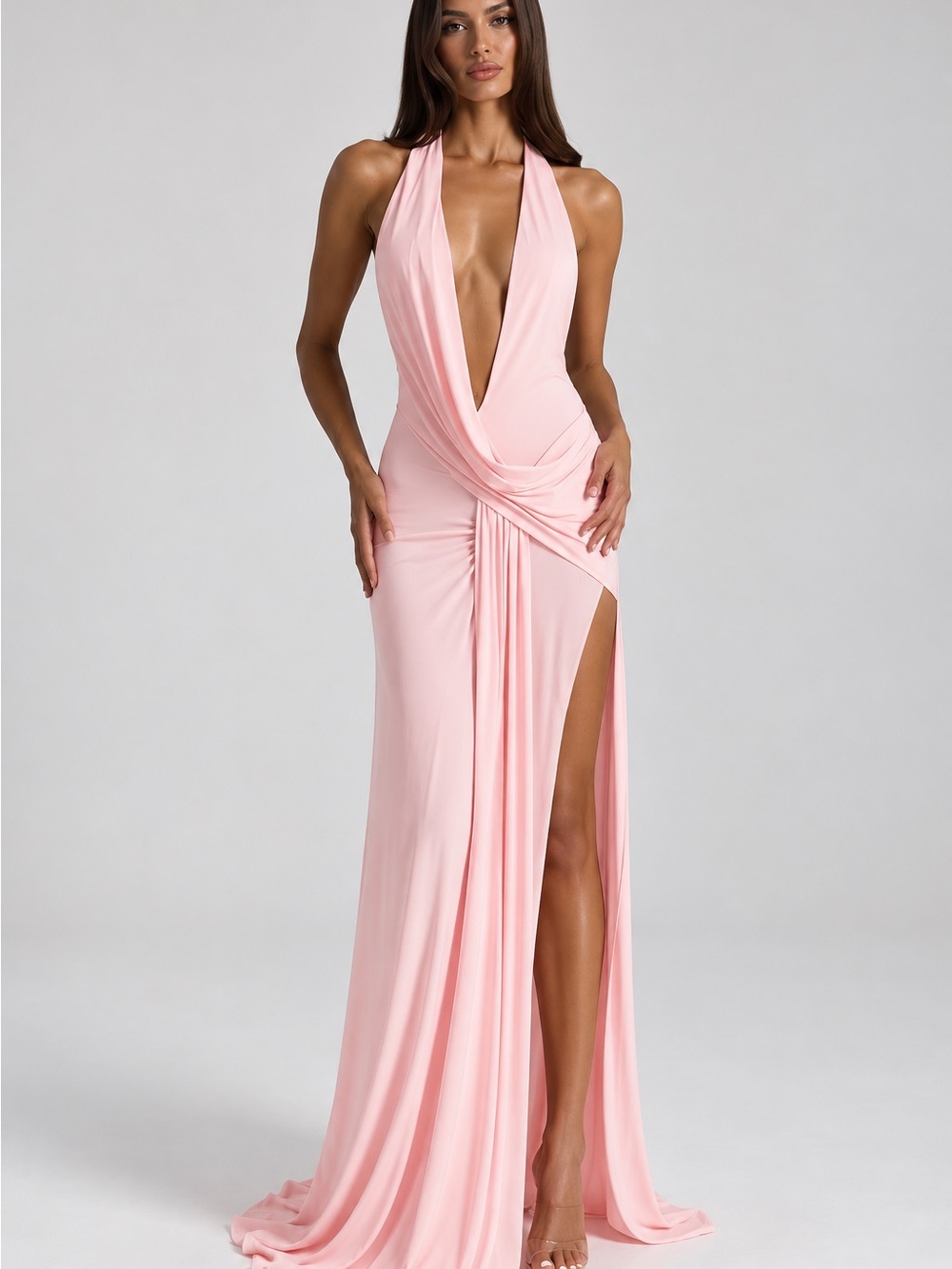 Plunging Halter Light Pink Prom Gown with High Side Slit